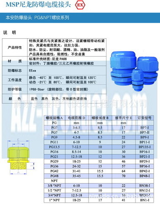 【藍(lán)色 本安防爆尼龍電纜接頭】?jī)r(jià)格,廠(chǎng)家,圖片,直通、接頭,南京美盛電氣儀表工程-